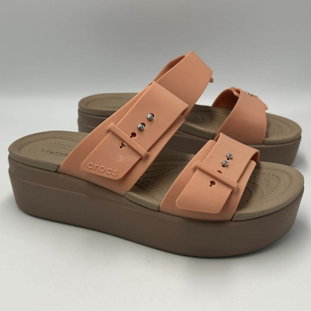 Crocs Platform Brooklyn Womens 7 Buckle Straps Sandals Tan Peach LiteRide Wedge